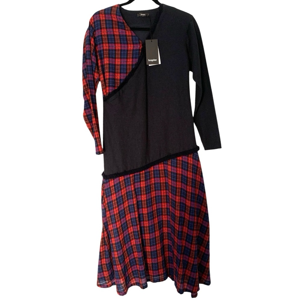 NEW Bogdar XS Plaid Fringe Trim Asymmetrical Art to Wear Ami Dress
